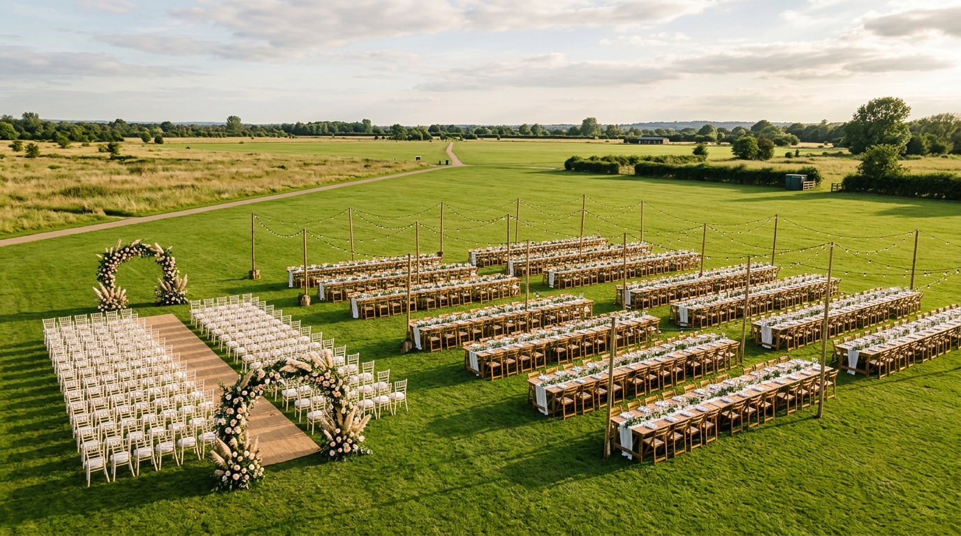 A wide open green field set for a large outdoor wedding with rows of chairs, a ceremony arch and many long banquet tables arranged in zones under festoon lights
