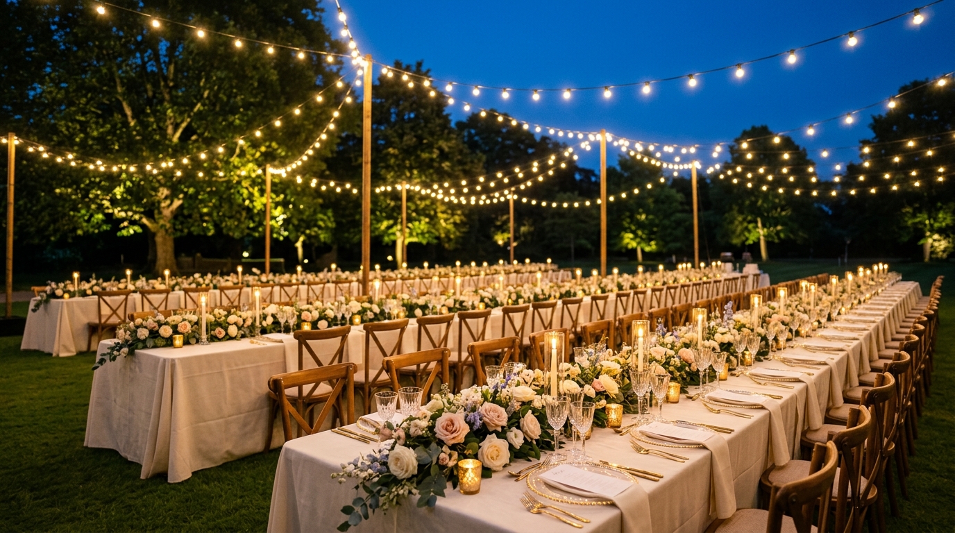 Long banquet tables with florals and festoon lights at an outdoor wedding reception at dusk in a Valentines Park style open field